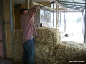 David putting steel stakes in the bales